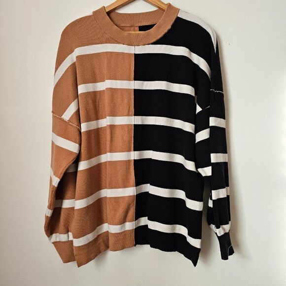 EUC SUPER SOFT STRIPED CREW NECK COLORBLOCK OVERSIZED SWEATER TOP SIZE LARGE - Picture 1 of 14
